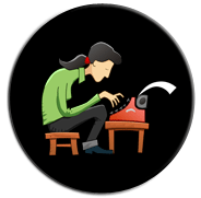 A cartoon picture of an author typing
